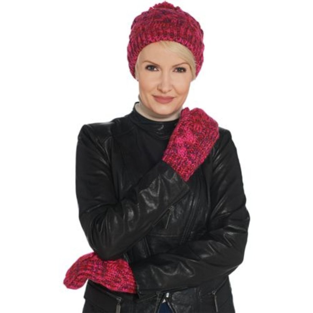 Isaac Mizrahi Live! Cable Knit Hat & Mittens Set Pink Women's One Size NEW